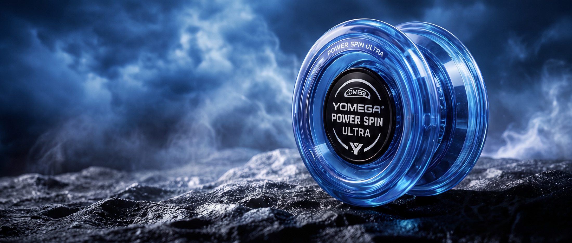 Translucent blue Yomega Power Spin Ultra on a rocky surface